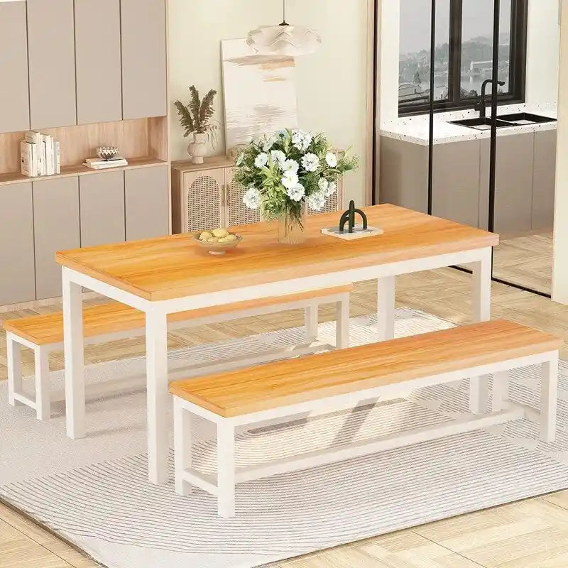 Ensemble de table et chaises de salle à manger 3 pièces style industriel, ensemble de cuisine rétro en bois avec 2 bancs pour la cuisine, la salle à manger ou le restaurant.