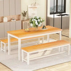 Ensemble de table et chaises de salle à manger 3 pièces style industriel, ensemble de cuisine rétro en bois avec 2 bancs pour la cuisine, la salle à manger ou le restaurant.