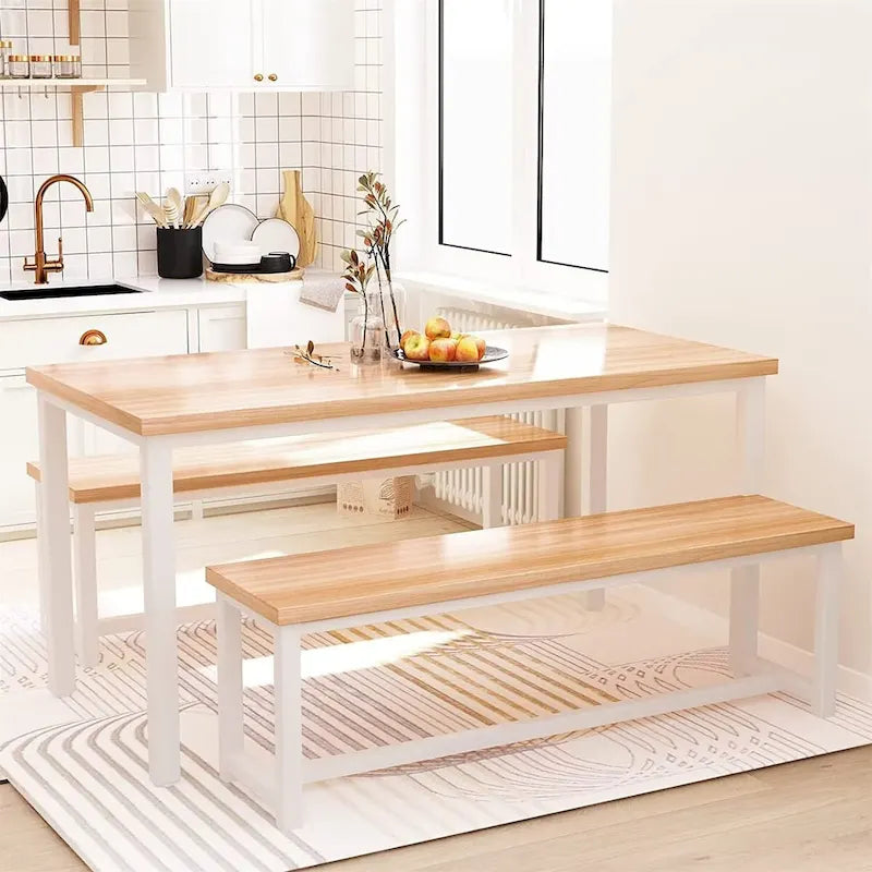 Ensemble de table et chaises de salle à manger 3 pièces style industriel, ensemble de cuisine rétro en bois avec 2 bancs pour la cuisine, la salle à manger ou le restaurant.