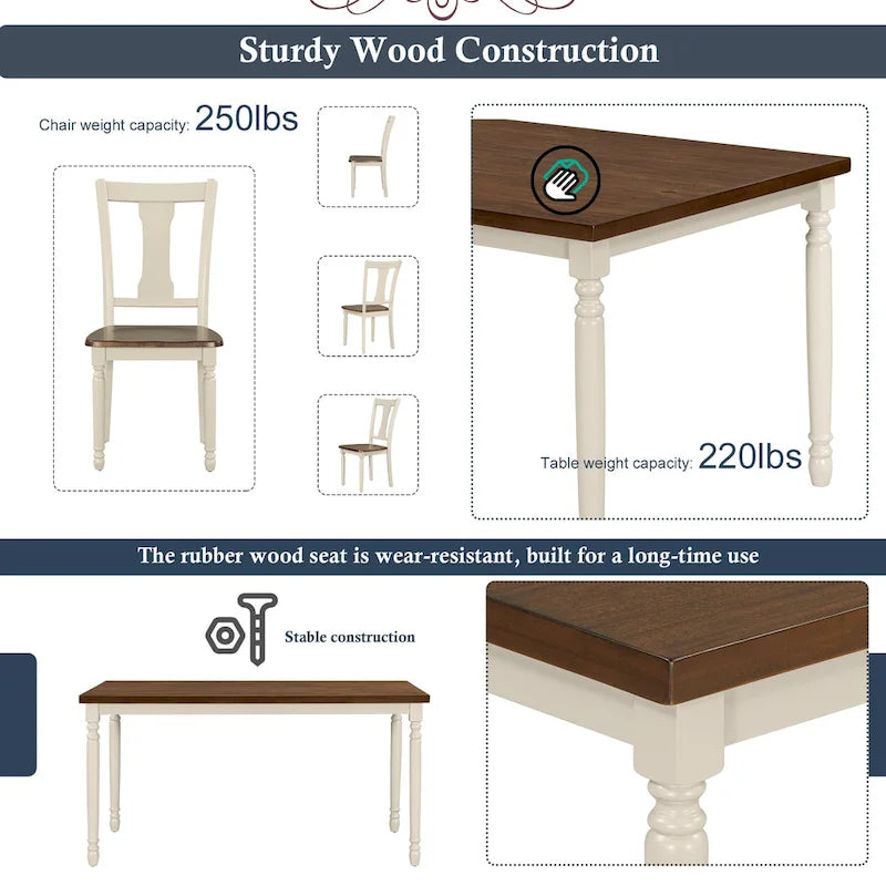 Ensemble de salle à manger classique 6 pièces comprenant une table en bois, 4 chaises et un banc, pour cuisine ou salle à manger.