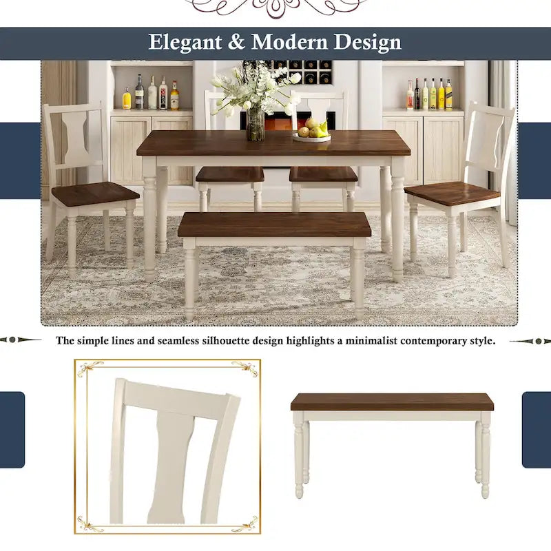 Ensemble de salle à manger classique 6 pièces comprenant une table en bois, 4 chaises et un banc, pour cuisine ou salle à manger.