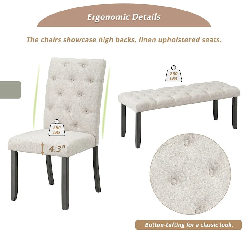 Ensemble de salle à manger 6 pièces : table rectangulaire 72 pouces, 4 chaises et banc.