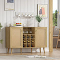 Anmytek Farmhouse Wood Rattan 2-Door Kitchen Buffet Sideboard Storage Wine Cabinet with Wine Rack and Glass Holder