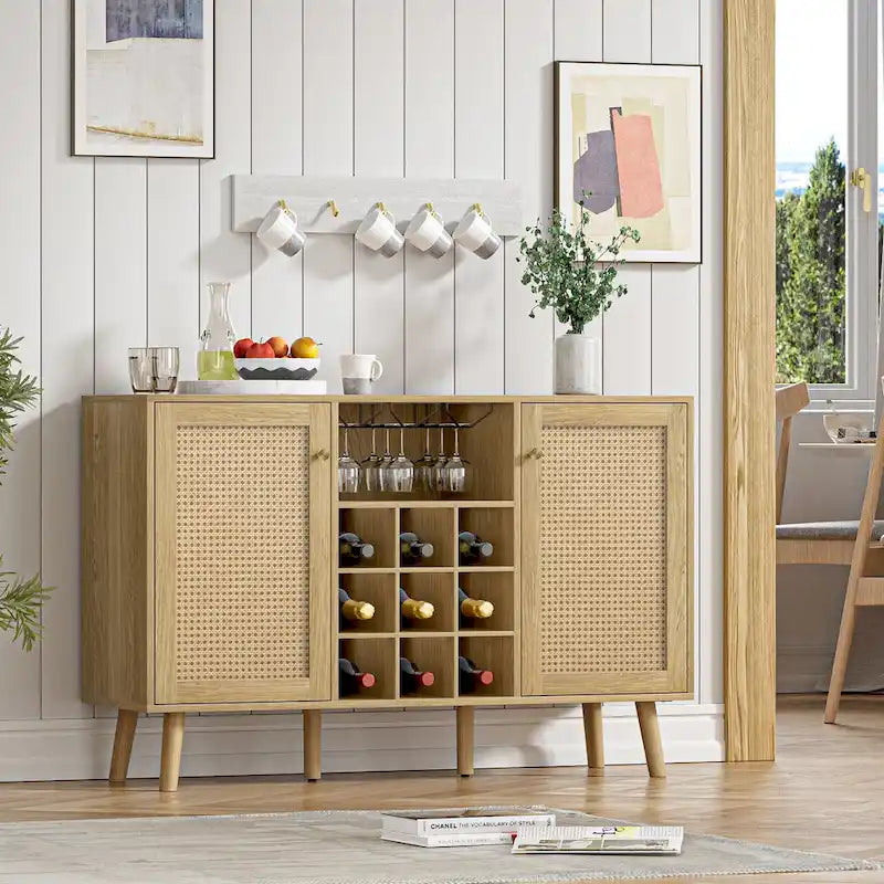 Anmytek Farmhouse Wood Rattan 2-Door Kitchen Buffet Sideboard Storage Wine Cabinet with Wine Rack and Glass Holder