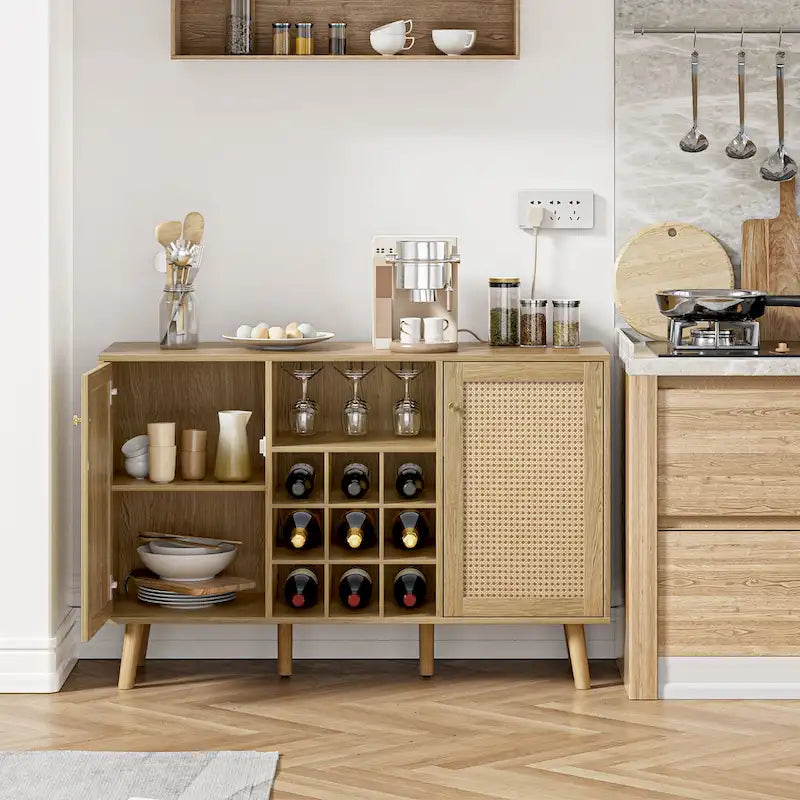 Buffet de cuisine Anmytek style ferme en bois et rotin, 2 portes, avec casier à bouteilles et porte-verres.