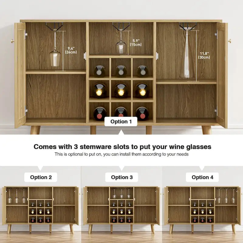 Buffet de cuisine Anmytek style ferme en bois et rotin, 2 portes, avec casier à bouteilles et porte-verres.