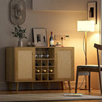 Buffet de cuisine Anmytek style ferme en bois et rotin, 2 portes, avec casier à bouteilles et porte-verres.