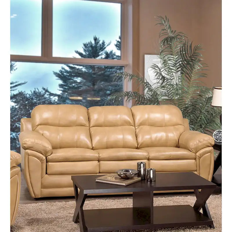 Ensemble canapé, causeuse et fauteuil Simon en cuir marron clair et gel