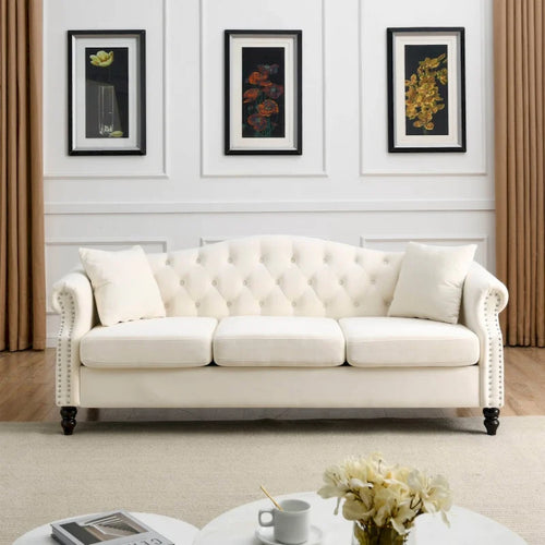 Canapé Chesterfield 79 pouces en velours gris pour salon, canapé 3 places capitonné avec accoudoirs arrondis et clous décoratifs