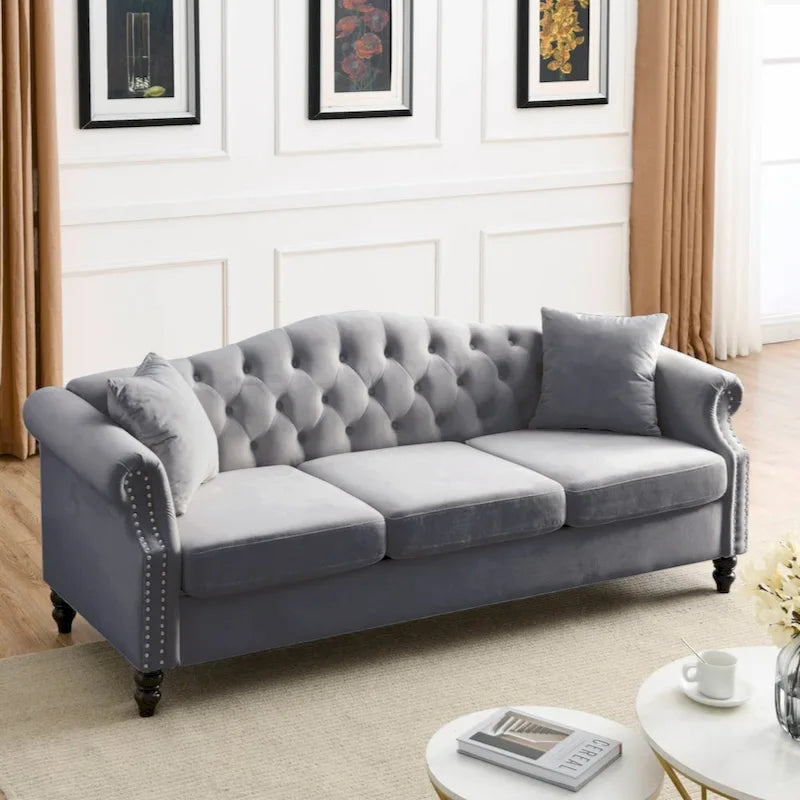 Canapé Chesterfield 79 pouces en velours gris pour salon, canapé 3 places capitonné avec accoudoirs arrondis et clous décoratifs