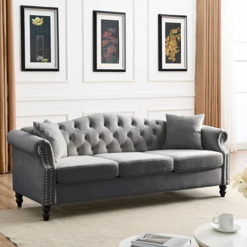 Canapé Chesterfield 79 pouces en velours gris pour salon, canapé 3 places capitonné avec accoudoirs arrondis et clous décoratifs