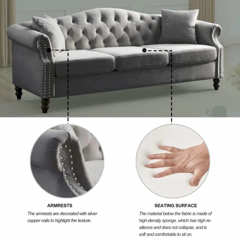 Canapé Chesterfield 79 pouces en velours gris pour salon, canapé 3 places capitonné avec accoudoirs arrondis et clous décoratifs
