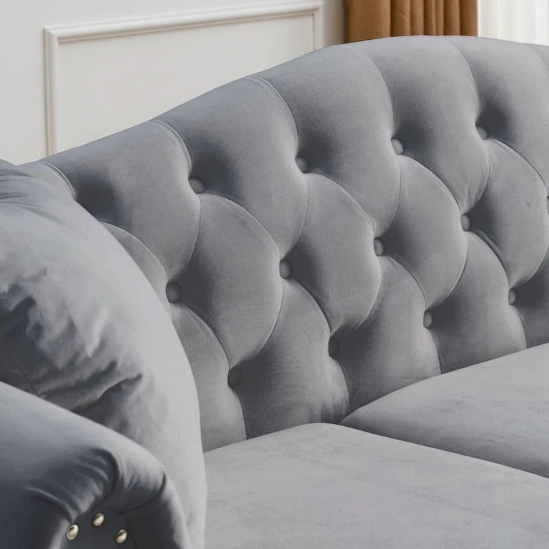 Canapé Chesterfield 79 pouces en velours gris pour salon, canapé 3 places capitonné avec accoudoirs arrondis et clous décoratifs