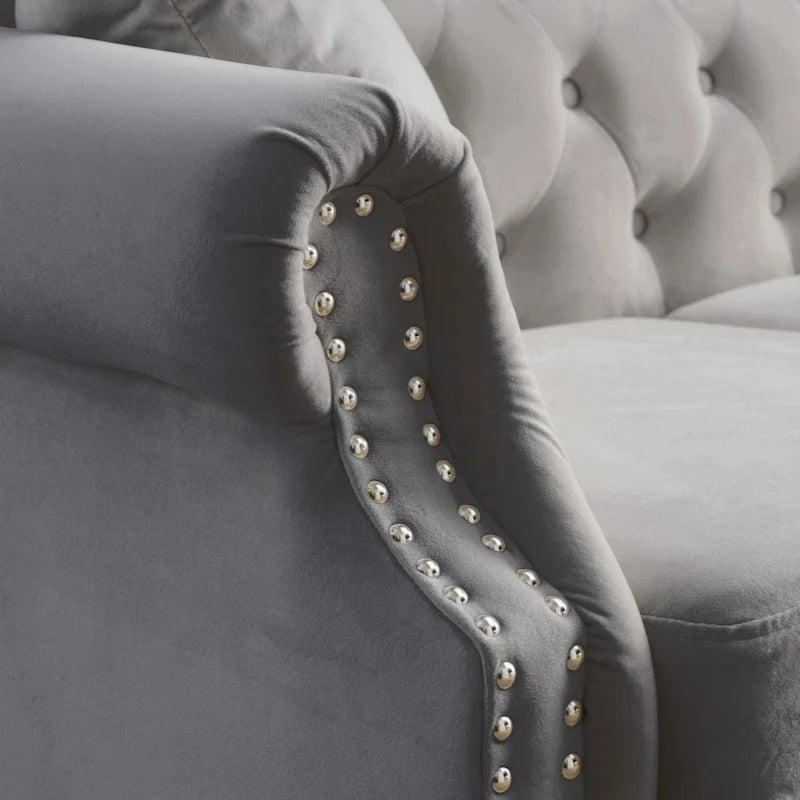 Canapé Chesterfield 79 pouces en velours gris pour salon, canapé 3 places capitonné avec accoudoirs arrondis et clous décoratifs