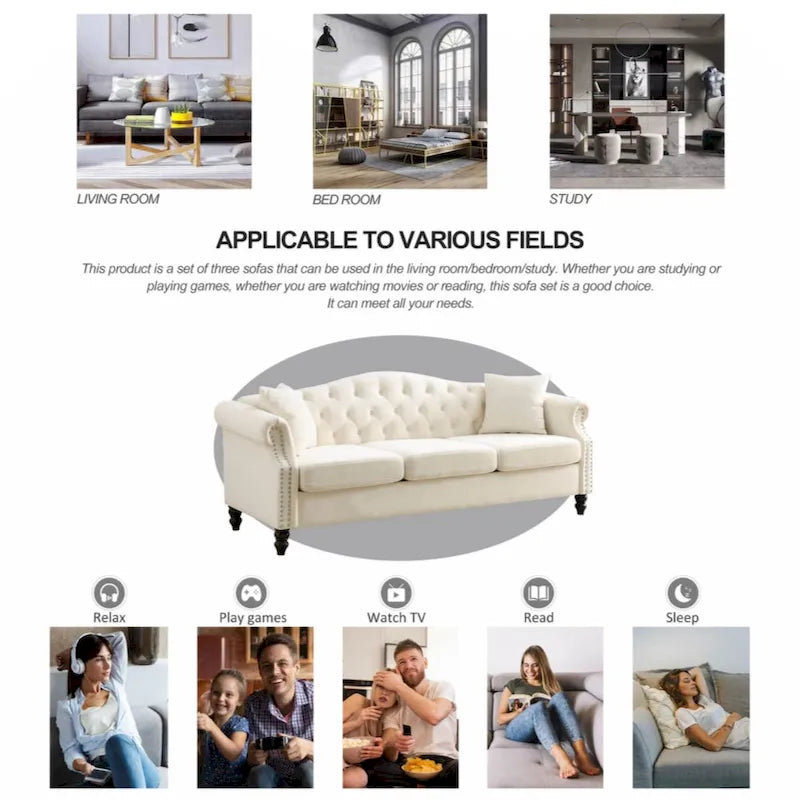 Canapé Chesterfield 79 pouces en velours gris pour salon, canapé 3 places capitonné avec accoudoirs arrondis et clous décoratifs