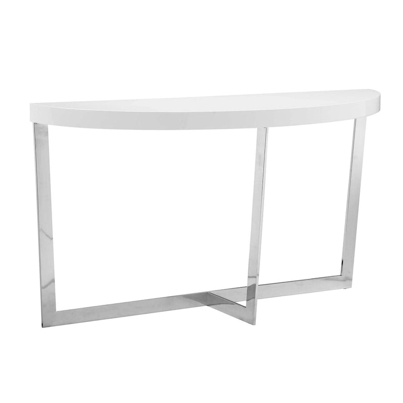 Console Tini de 140 cm, plateau ovale, structure chromée, finition blanche élégante