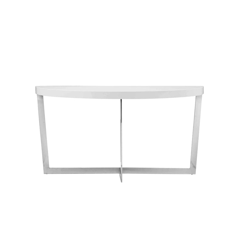 Console Tini de 140 cm, plateau ovale, structure chromée, finition blanche élégante
