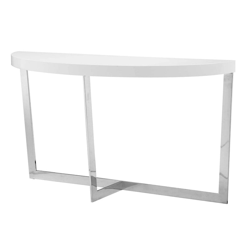 Console Tini de 140 cm, plateau ovale, structure chromée, finition blanche élégante