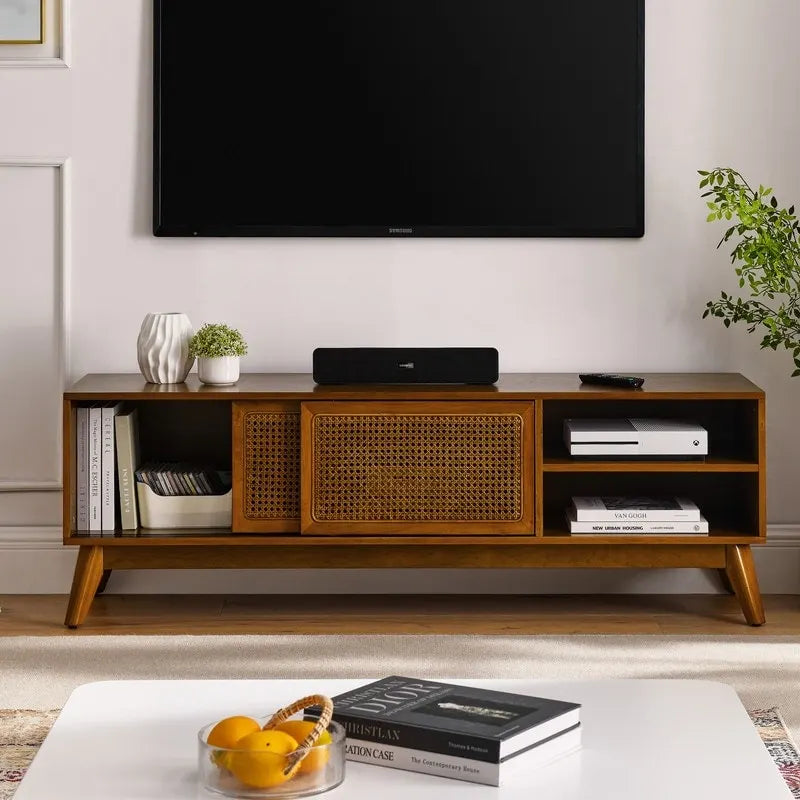 Meuble TV moderne en rotin pour téléviseur 65 pouces, meuble multimédia, console multimédia