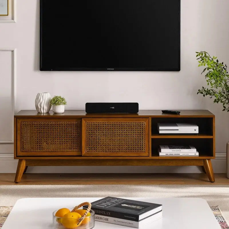 Meuble TV moderne en rotin pour téléviseur 65 pouces, meuble multimédia, console multimédia