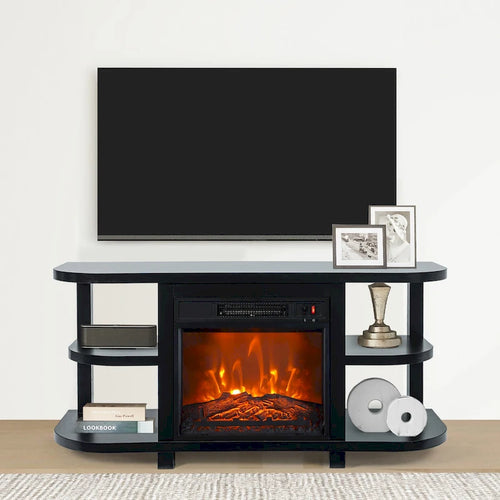 Meuble TV moderne noir avec cheminée électrique intégrée, console multimédia pour téléviseurs jusqu'à 55 pouces