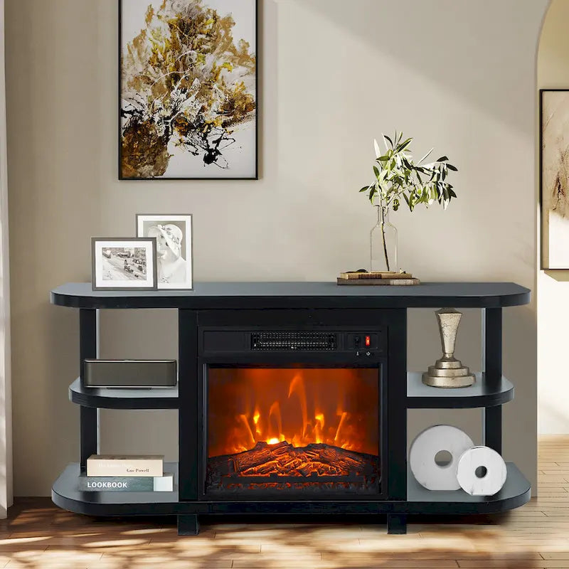 Meuble TV moderne noir avec cheminée électrique intégrée, console multimédia pour téléviseurs jusqu'à 55 pouces