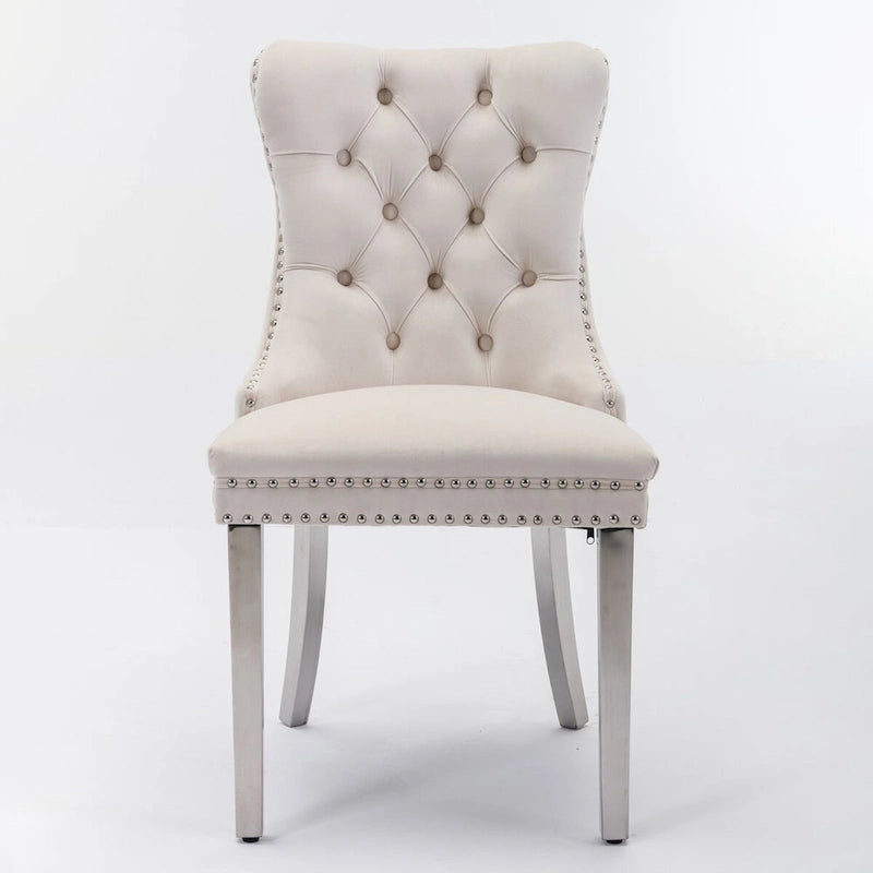 Chaise de salle à manger contemporaine haut de gamme en bois massif capitonné, revêtue de velours, avec pieds en acier inoxydable chromé, lot de 2