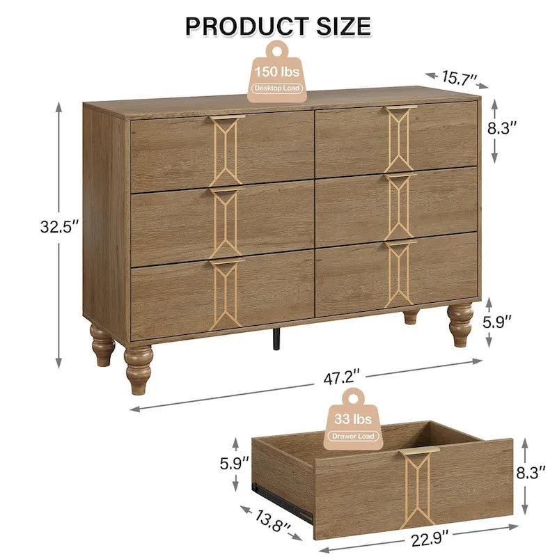 Commode à 6 tiroirs profonds, commode moderne en bois
