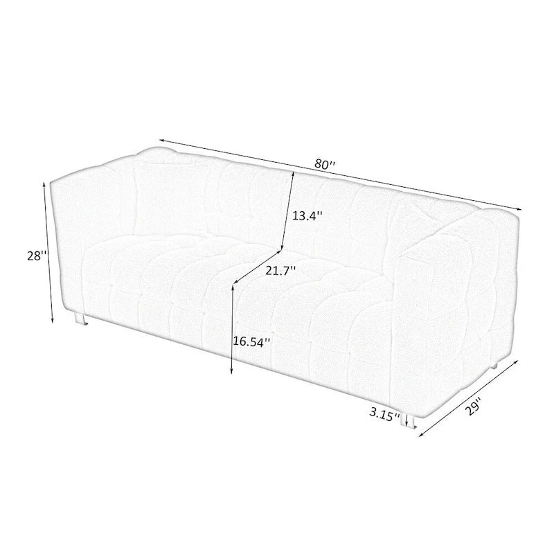 Canapé en polaire Teddy avec deux coussins décoratifs et repose-pieds en métal.