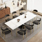 Ensemble de salle à manger 9 pièces, moderne et minimaliste, extensible, avec plateau en pierre frittée et 8 chaises en tissu (94,48 €).