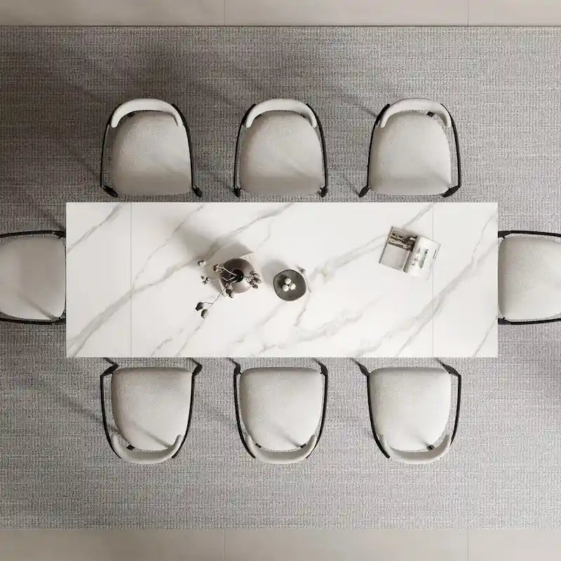 Ensemble de salle à manger 9 pièces, moderne et minimaliste, extensible, avec plateau en pierre frittée et 8 chaises en tissu (94,48 €).