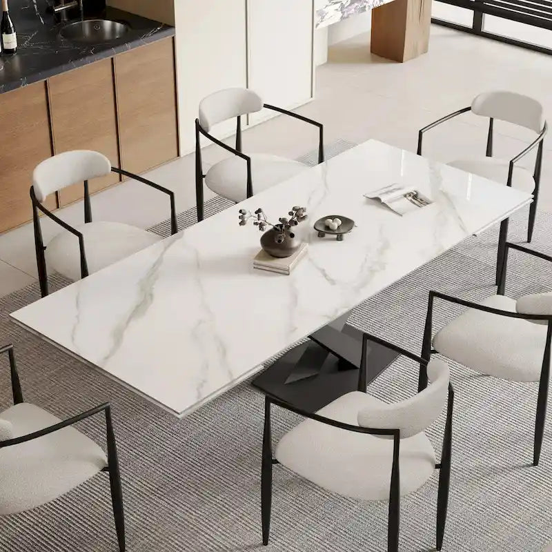 Ensemble de salle à manger 9 pièces, moderne et minimaliste, extensible, avec plateau en pierre frittée et 8 chaises en tissu (94,48 €).