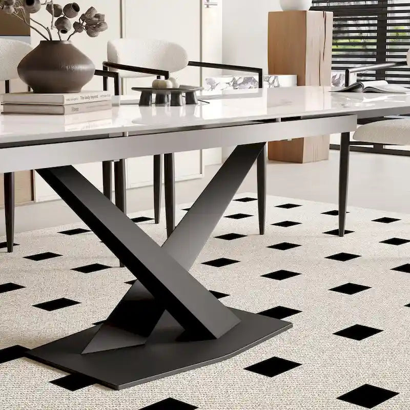 Ensemble de salle à manger 9 pièces, moderne et minimaliste, extensible, avec plateau en pierre frittée et 8 chaises en tissu (94,48 €).