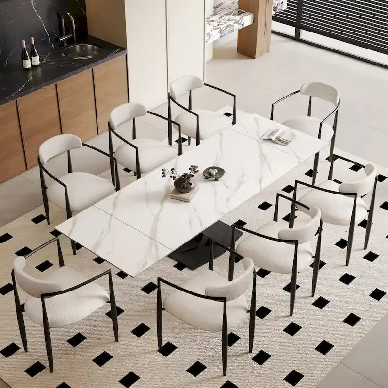 Ensemble de salle à manger 9 pièces, moderne et minimaliste, extensible, avec plateau en pierre frittée et 8 chaises en tissu (94,48 €).