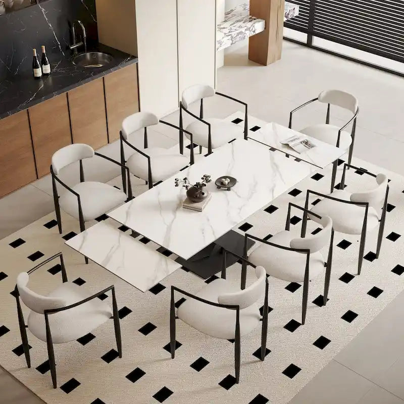 Ensemble de salle à manger 9 pièces, moderne et minimaliste, extensible, avec plateau en pierre frittée et 8 chaises en tissu (94,48 €).