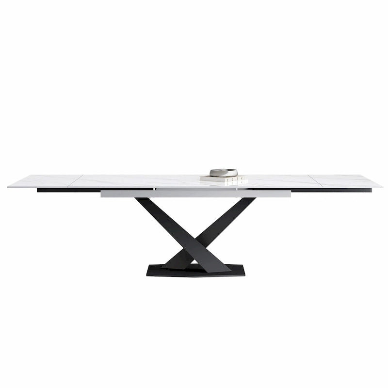 Ensemble de salle à manger 9 pièces, moderne et minimaliste, extensible, avec plateau en pierre frittée et 8 chaises en tissu (94,48 €).