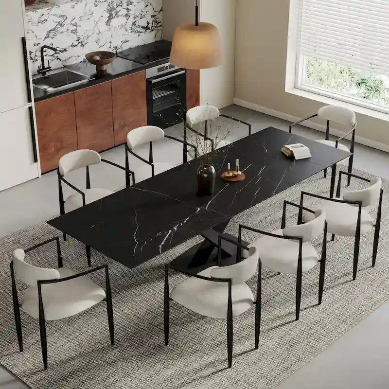 Ensemble de salle à manger 9 pièces, moderne et minimaliste, extensible, avec plateau en pierre frittée et 8 chaises en tissu (94,48 €).