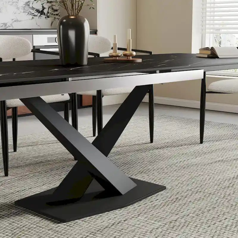 Ensemble de salle à manger 9 pièces, moderne et minimaliste, extensible, avec plateau en pierre frittée et 8 chaises en tissu (94,48 €).