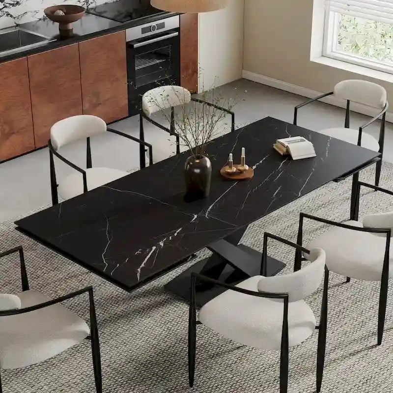 Ensemble de salle à manger 9 pièces, moderne et minimaliste, extensible, avec plateau en pierre frittée et 8 chaises en tissu (94,48 €).