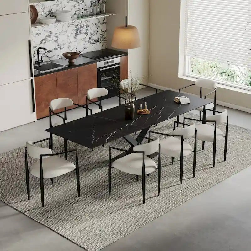 Ensemble de salle à manger 9 pièces, moderne et minimaliste, extensible, avec plateau en pierre frittée et 8 chaises en tissu (94,48 €).