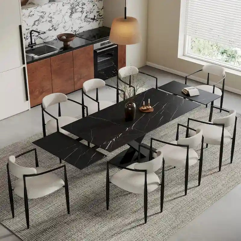 Ensemble de salle à manger 9 pièces, moderne et minimaliste, extensible, avec plateau en pierre frittée et 8 chaises en tissu (94,48 €).