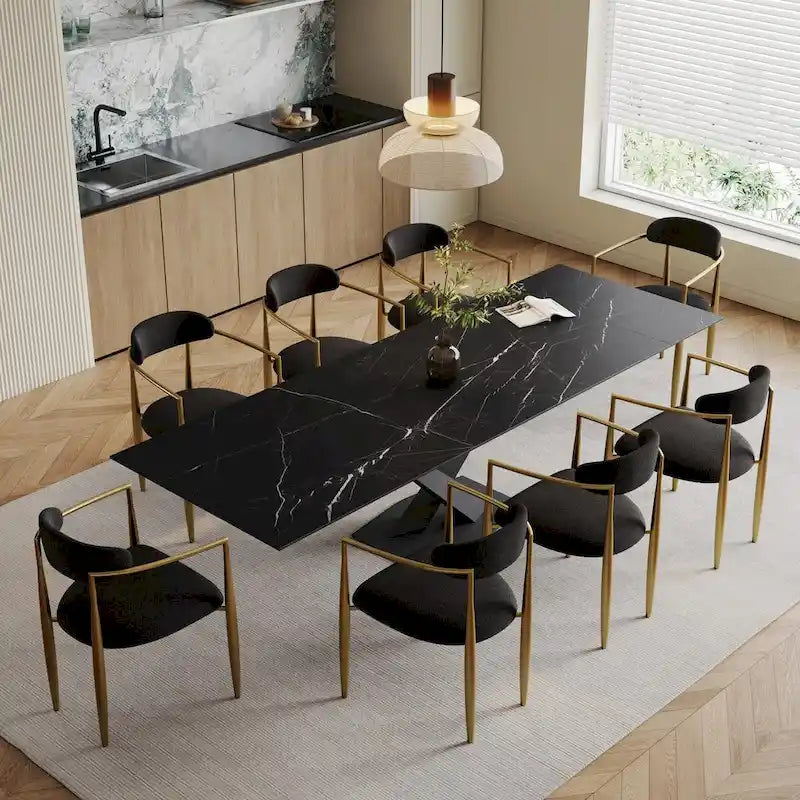 Ensemble de salle à manger 9 pièces, moderne et minimaliste, extensible, avec plateau en pierre frittée et 8 chaises en tissu (94,48 €).