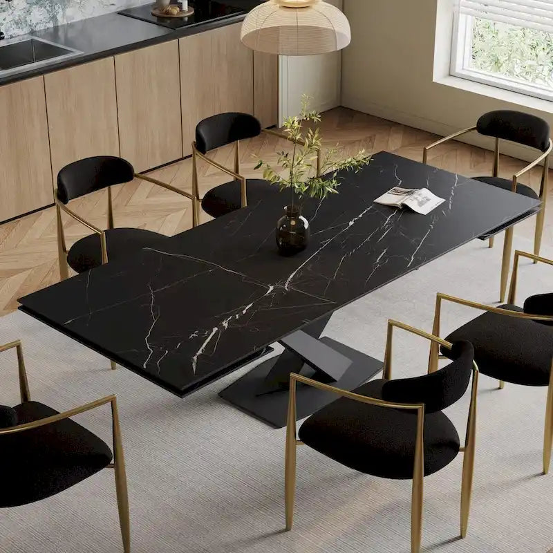 Ensemble de salle à manger 9 pièces, moderne et minimaliste, extensible, avec plateau en pierre frittée et 8 chaises en tissu (94,48 €).