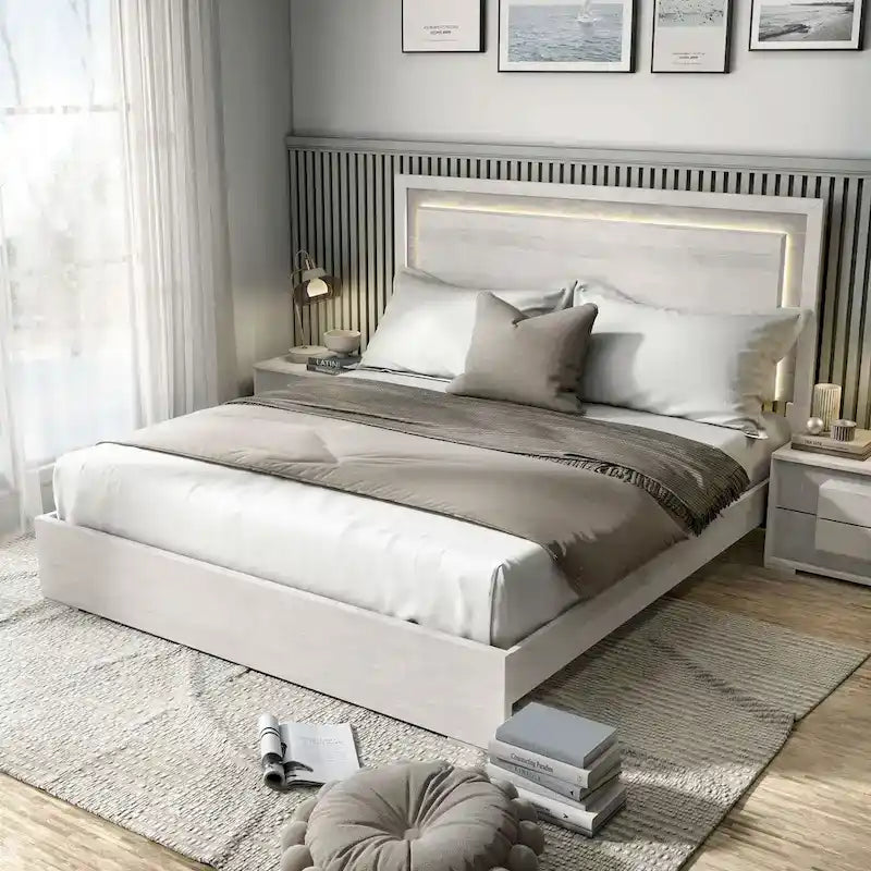 Lit Jonnick contemporain de Furniture of America, panneaux blancs délavés avec éclairage LED