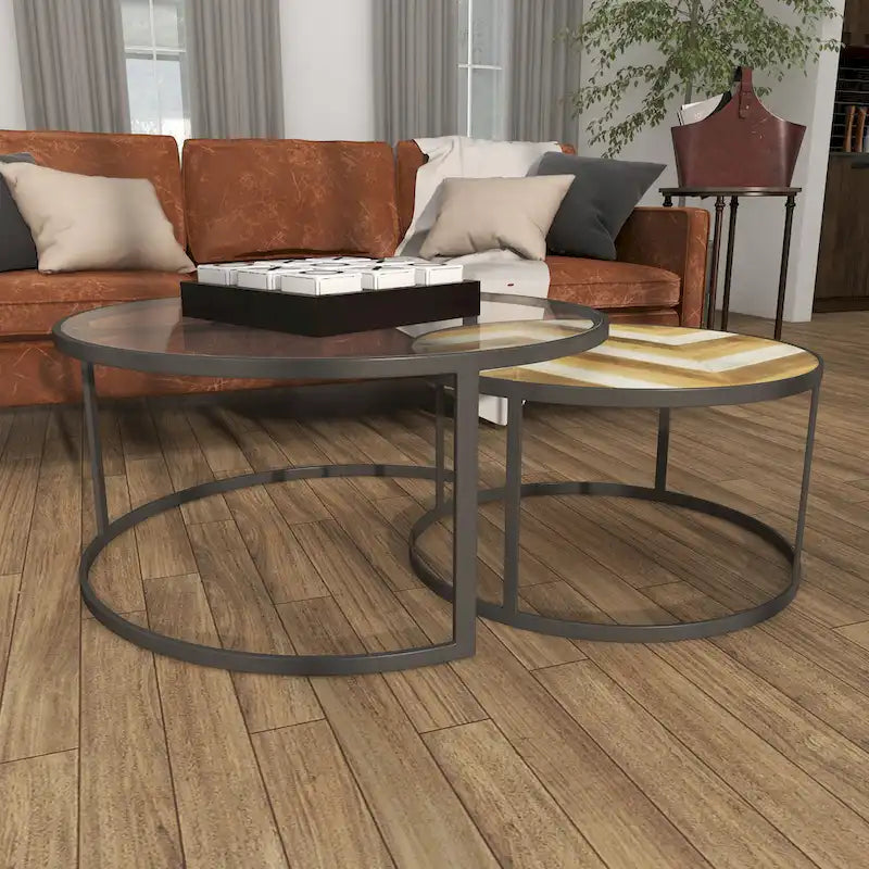 Tables basses gigognes en bois pour salon avec plateau en verre transparent - Lot de 2, gris - Roche River Decor