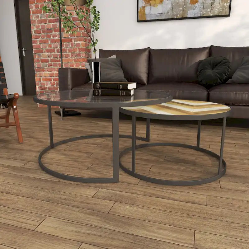 Tables basses gigognes en bois pour salon avec plateau en verre transparent - Lot de 2, gris - Roche River Decor