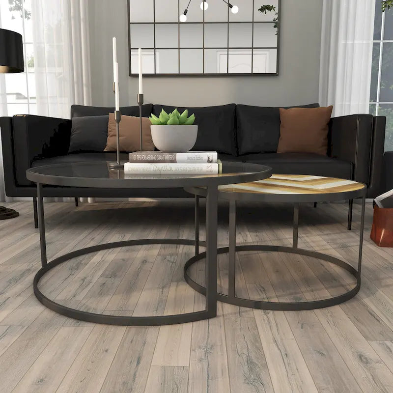 Tables basses gigognes en bois pour salon avec plateau en verre transparent - Lot de 2, gris - Roche River Decor