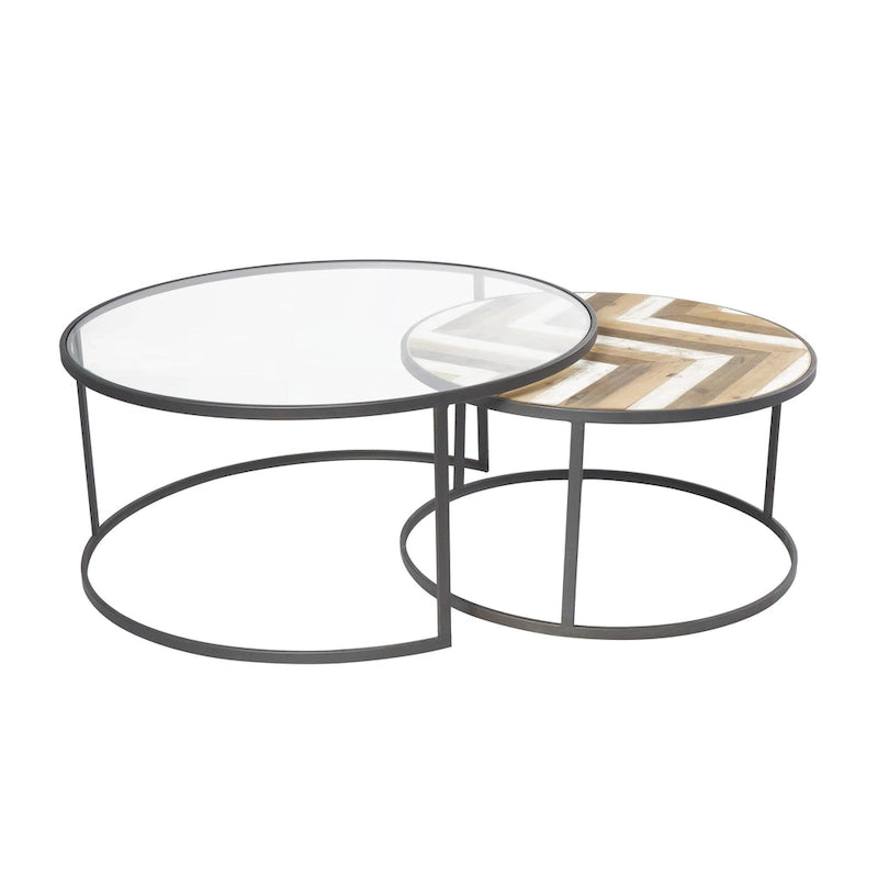 Tables basses gigognes en bois pour salon avec plateau en verre transparent - Lot de 2, gris - Roche River Decor