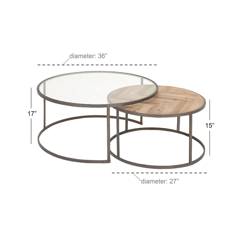 Tables basses gigognes en bois pour salon avec plateau en verre transparent - Lot de 2, gris - Roche River Decor