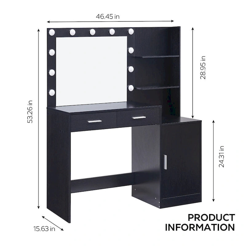 Coiffeuse Roomfitters avec miroir lumineux, table de maquillage avec 2 tiroirs et rangements, table de maquillage avec rangements ouverts